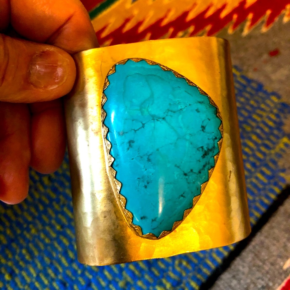 Hammered brass and turquoise cuff bracelet.
